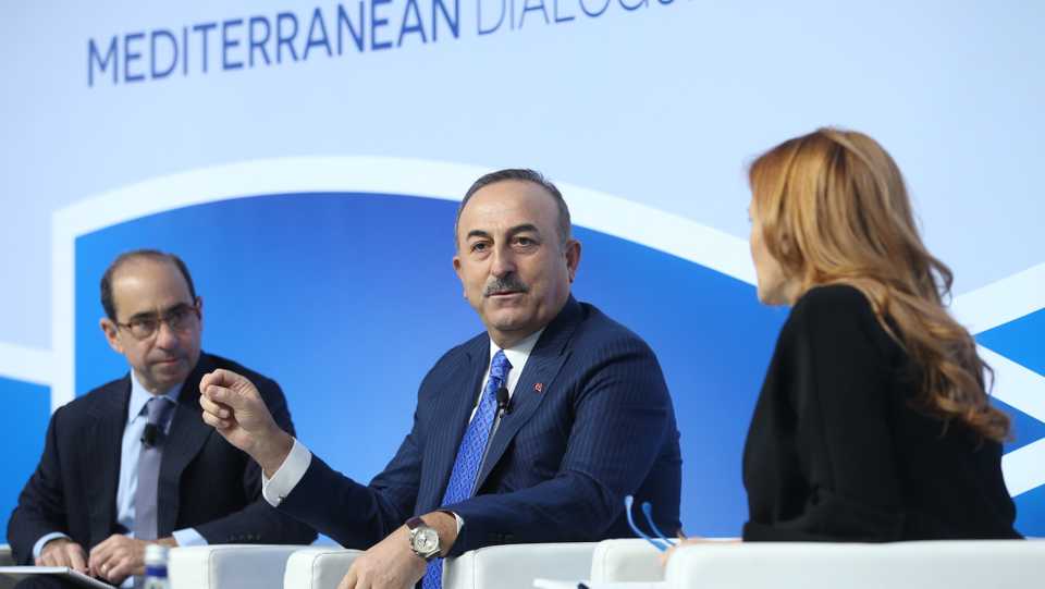 Turkish Foreign Minister Mevlut Cavusoglu makes a speech during the Mediterranean Dialogues (MED) conference in Rome, Italy on December 06, 2019.