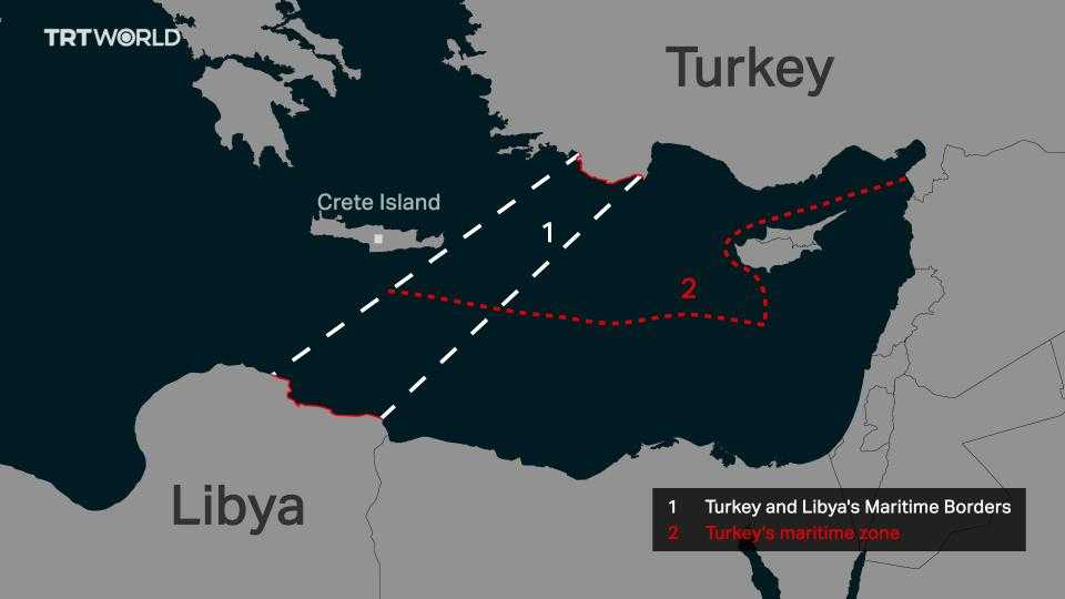 The map shows the maritime area secured by the deal between Turkey and Libya in the Eastern Mediterranean Sea.