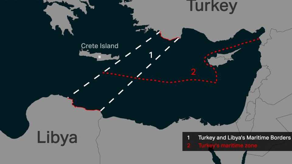 The map shows the maritime area secured by the deal between Turkey and Libya in the Eastern Mediterranean Sea.