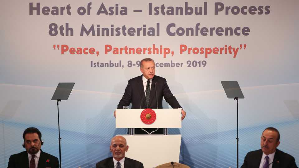 President of Turkey Recep Tayyip Erdogan speaks during the 8th Ministerial Conference of Heart of Asia-Istanbul Process to convene under the theme of Peace, Partnership, Prosperity in Istanbul, Turkey on December 9, 2019.
