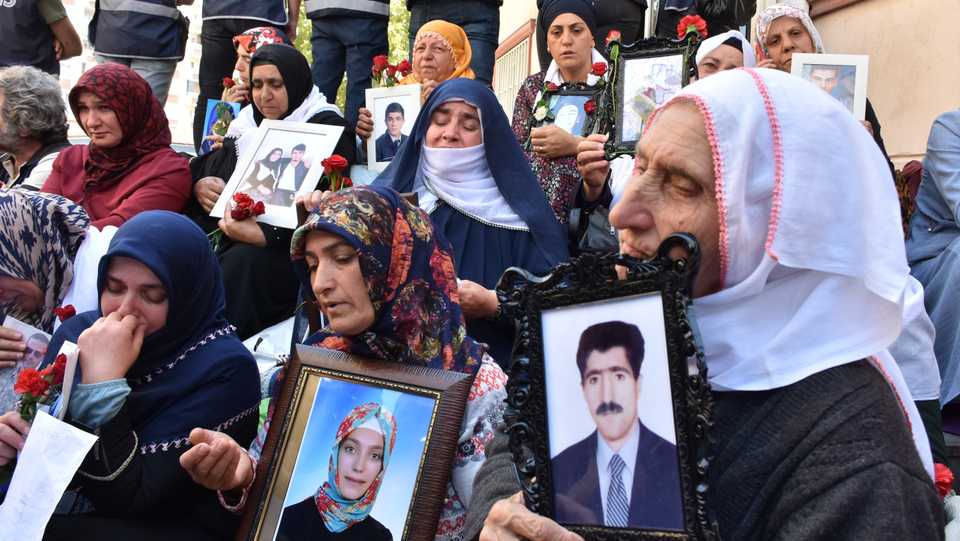 A photograph taken outside HDP office in Diyarbakir, Turkey, shows mothers and fathers demanding their children's freedom. December 11, 2019.