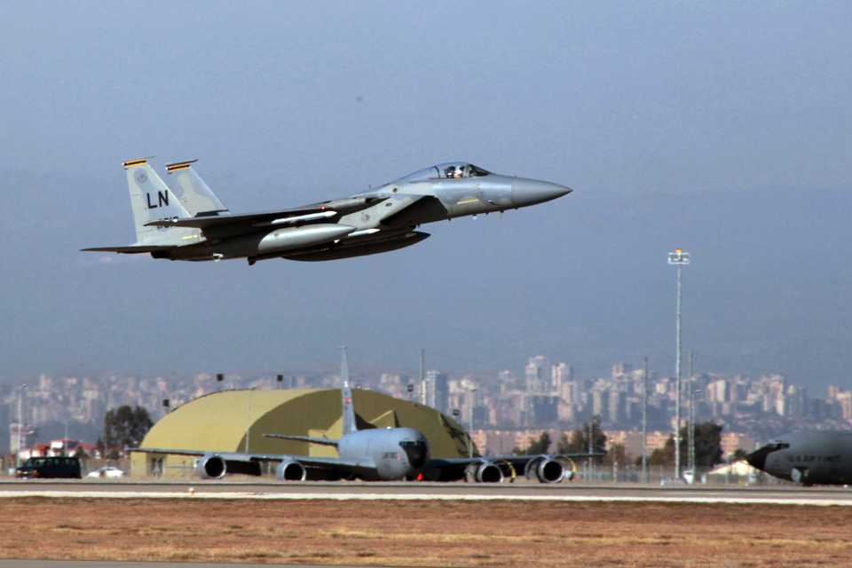 In this Dec. 15, 2015, file photo, A US Air Force F-15 fighter jet takes off from Incirlik Air Base near Adana, Turkey.