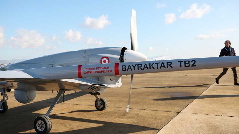 Turkey's unmanned aerial vehicle (UAV) lands at Gecitkale airport in the Turkish Republic of Northern Cyprus (TRNC).
