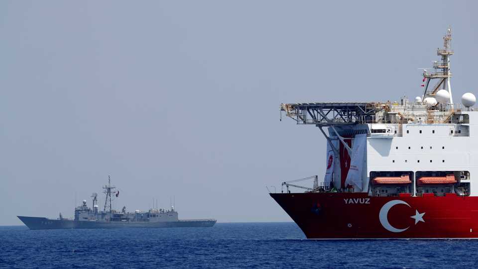 Turkish drilling vessel Yavuz is escorted by Turkish Navy frigate TCG Gemlik (F-492) in the eastern Mediterranean Sea off Cyprus, August 6, 2019
