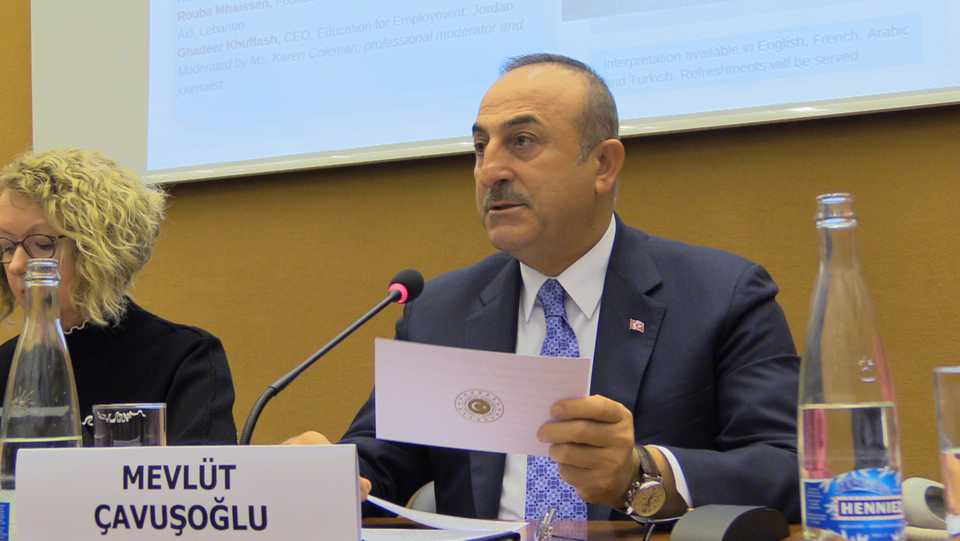Turkish Foreign Minister Mevlut Cavusoglu speaks at the panel named 