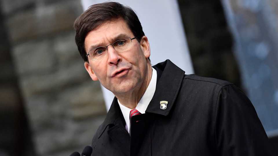 US Secretary of Defense Mark Esper delivers a speech during a ceremony as part of the commemorations of the 75th anniversary of the Battle of the Bulge, also known as the Ardennes Counteroffensive, on December 16, 2019, at the Mardasson Memorial in Bastogne.
