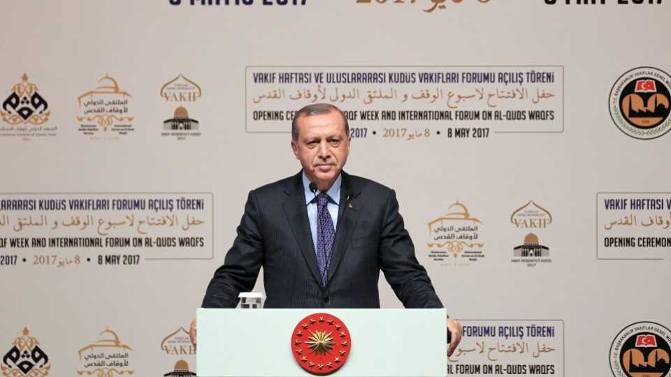 Turkish President Recep Tayyip Erdogan speaking at an opening ceremony of the two-day International Forum on Al-Quds Waqfs held in Istanbul.
