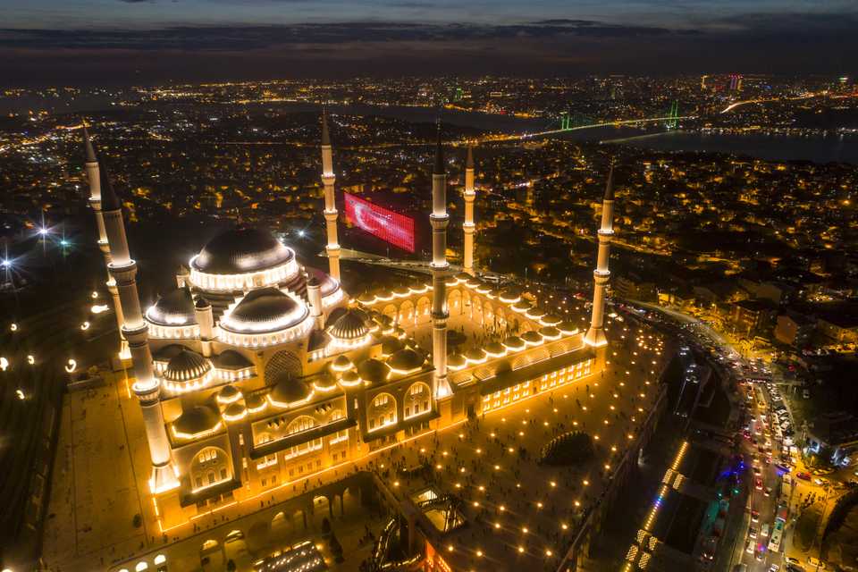 A drone photo shows the view of Camlica Mosque in Istanbul, Turkey on March 07, 2019. The largest mosque of Turkey opened for worship in Istanbul on Thursday. The opening of Camlica Mosque after a six-year construction period coincided with the holy night of the Islamic month of Rajab.