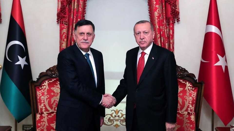 Turkish President Recep Tayyip Erdogan meets with Libya's internationally recognised Prime Minister Fayez al Sarraj in Istanbul, Turkey on November 27, 2019.