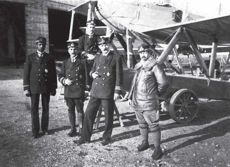 During World War I, Ahmet Ali Celikten (on the extreme left) standing with his colleagues at Yesilkoy Naval Aircraft School.