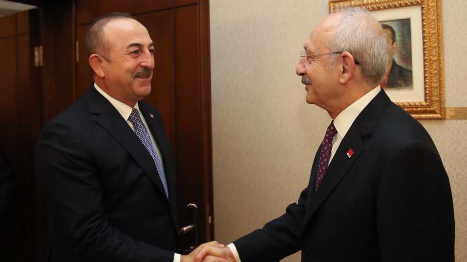 Turkish Foreign Minister Mevlut Cavusoglu (L) meets Chairman of the Republican People's Party (CHP), Kemal Kilicdaroglu (R) at headquarter of Republican People's Party (CHP,) before a Turkish parliament session on military deployment in Libya, in Ankara, Turkey on December 30, 2019.