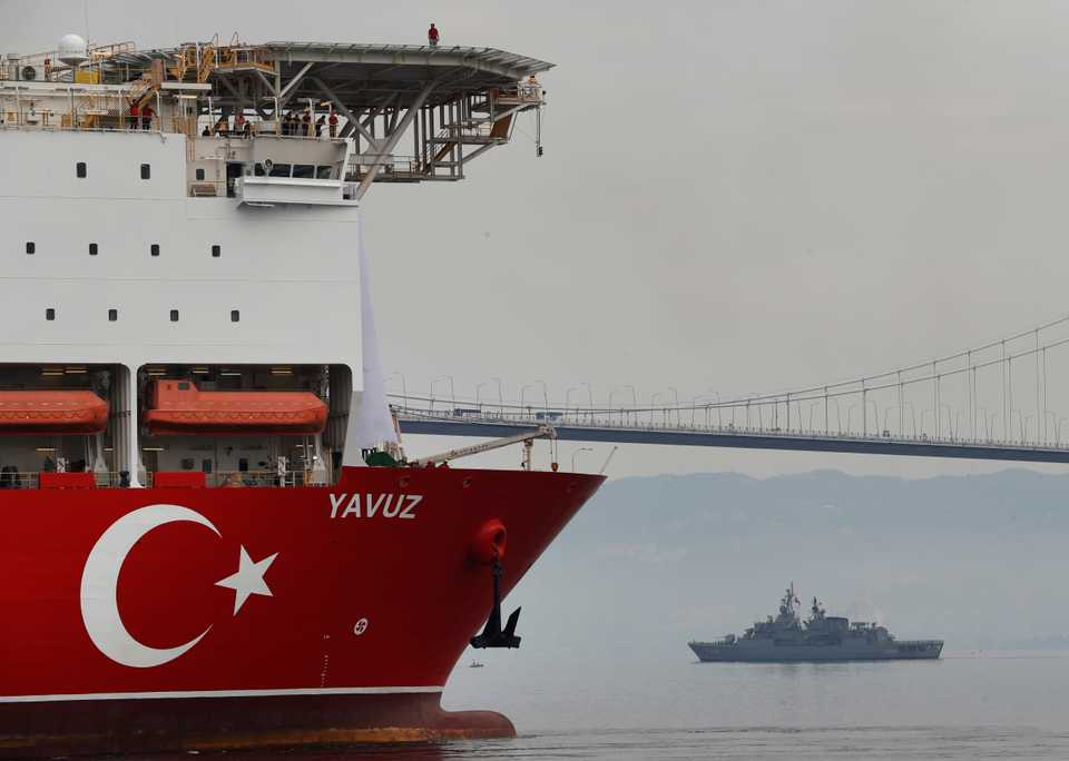 Turkey's 230-meter (750-foot) drillship 'Yavuz' escorted by a Turkish Navy vessel, crosses the Marmara Sea on its way to the Mediterranean, from the port of Dilovasi, outside Istanbul on June 20, 2019.