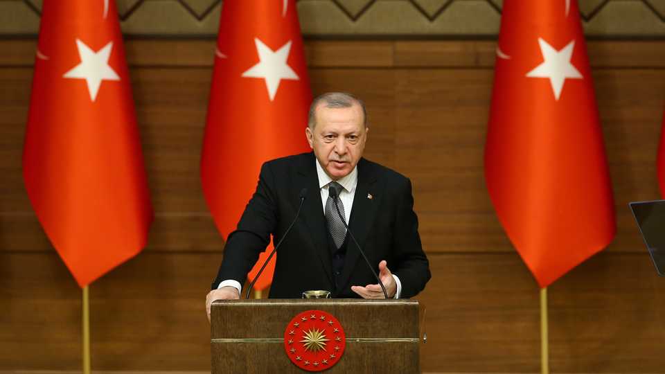 Turkish President Recep Tayyip Erdogan delivers a speech as he attends the Symposium on Urban Security at the Presidential Complex in Ankara, Turkey on January 02, 2020.