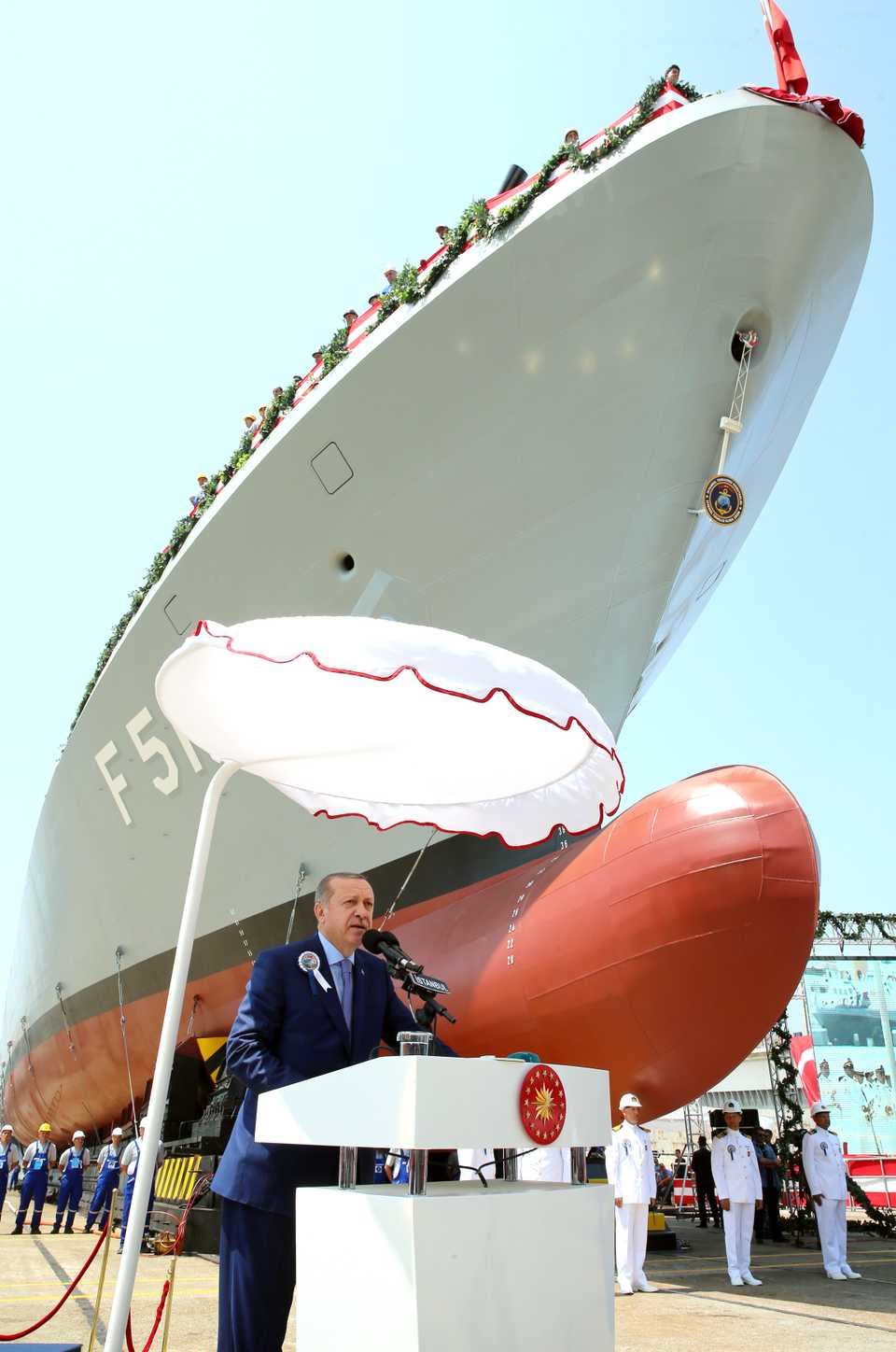 Turkey's President Recep Tayyip Erdogan, delivers a speech during the launch of a new Turkish Navy ship, in Tuzla, outside Istanbul, Monday, July 3, 2017.