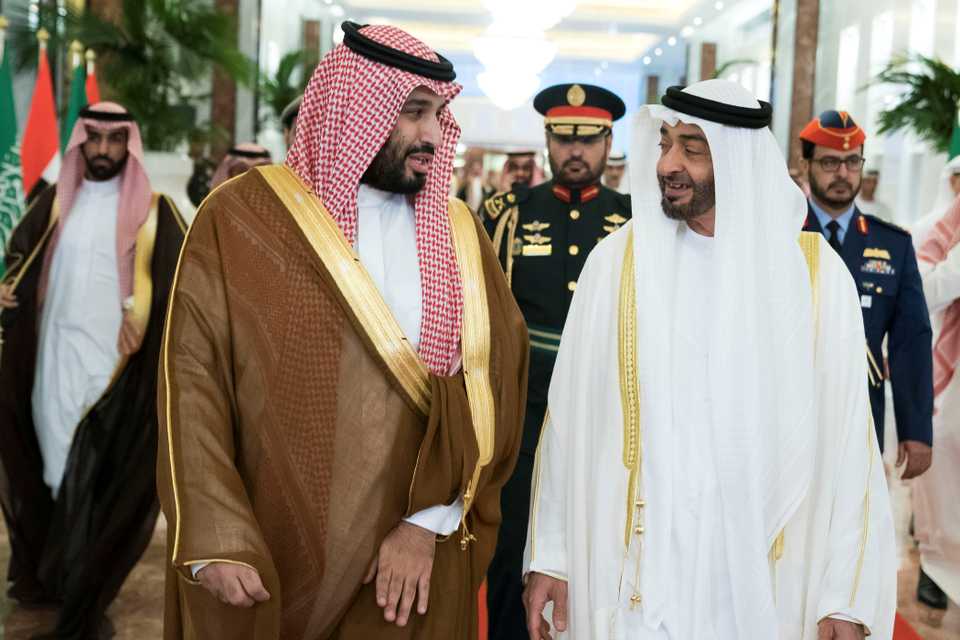 Abu Dhabi's Crown Prince Sheikh Mohammed bin Zayed al-Nahyan receives Saudi Crown Prince Mohammed bin Salman at the Presidential Airport in Abu Dhabi, United Arab Emirates November 27, 2019.
