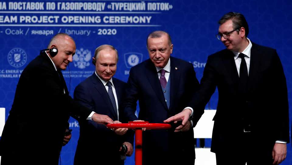 Russian President Putin (centre left), Turkish President Erdogan (centre right), Bulgarian Prime Minister Borisov (far left) and Serbia's President Vucic attend the ceremony, marking the formal launch of the TurkStream pipeline, in Istanbul, Turkey on January 8, 2020.