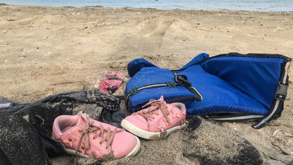 A pair of a child's shoes is seen after a boat carrying 19 irregular migrants capsized off the coast of Cesme in the Aegean province of Izmir, Turkey on January 12, 2020.