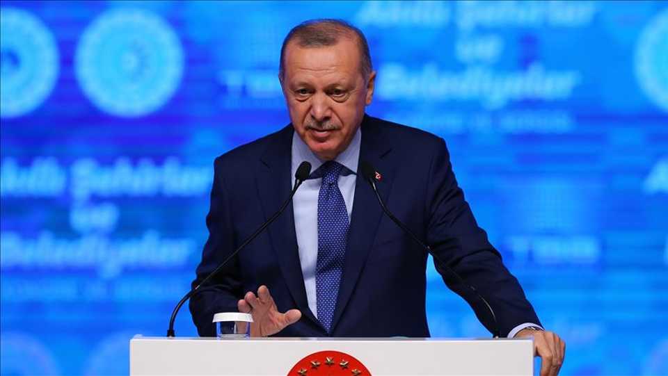 Turkish President Recep Tayyip Erdogan speaks at the opening ceremony of the Smart Cities and Municipalities Congress and Exhibition in Ankara, Turkey on January 15, 2020.