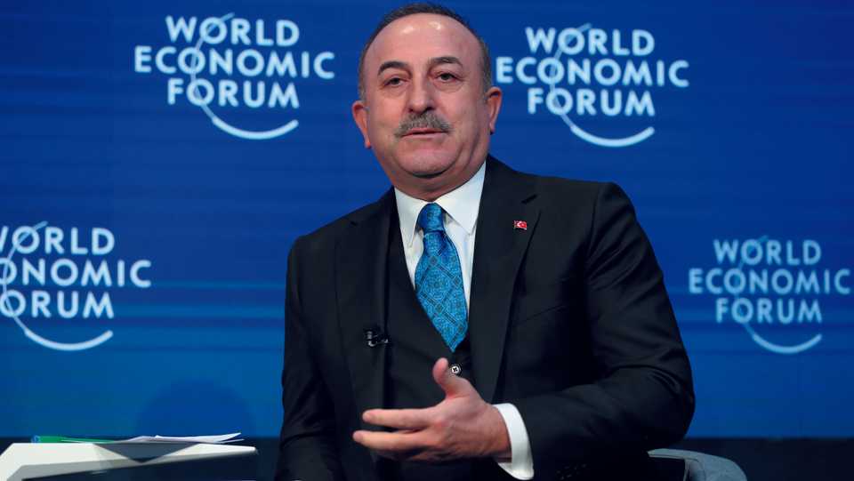 Turkish Foreign Minister Mevlut Cavusoglu speaks in a session at the World Economic Forum (WEF) annual meeting in Davos, Switzerland, January 23, 2020.