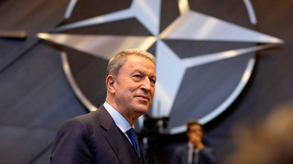 Turkish Defense Minister Hulusi Akar arrives for a meeting of NATO defense ministers at NATO headquarters in Brussels, Thursday, Oct 24, 2019.