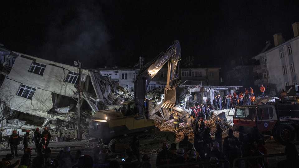 Search and rescue works continue in Sursuru neighborhood after a 6.8-magnitude earthquake jolted eastern Turkish province of Elazig on January 25, 2020. The death toll from Friday's powerful earthquake in eastern Turkey has risen to 29, according to the rescue agency.