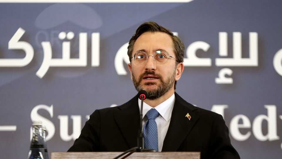 Turkey's Communications Director Fahrettin Altun speaking at the opening of Turkey- Syria media meeting held by Harmoo of Contemporary Studies Center, Syrian TV and the Middle East Research Center (ORSAM), February 8, Saturday, 2020.
