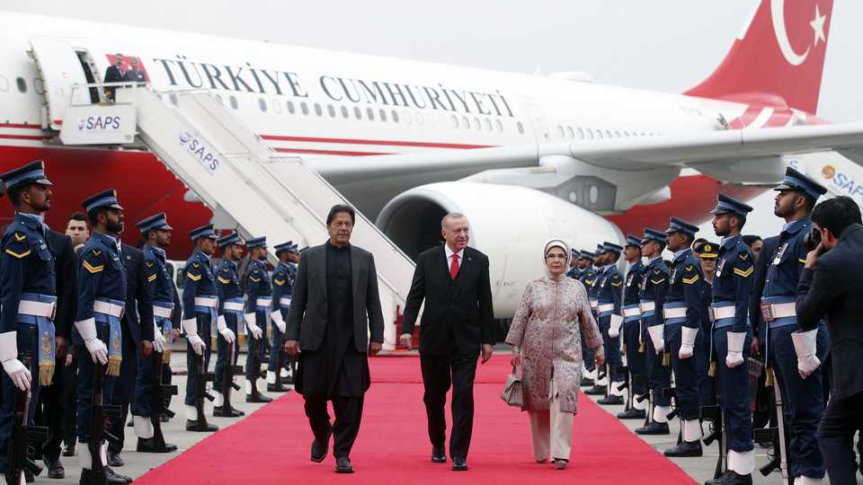 President of Turkey Recep Tayyip Erdogan and his wife Emine Erdogan are welcomed by Pakistani Prime Minister Imran Khan upon their arrival in Islamabad, Pakistan on February 13, 2020.