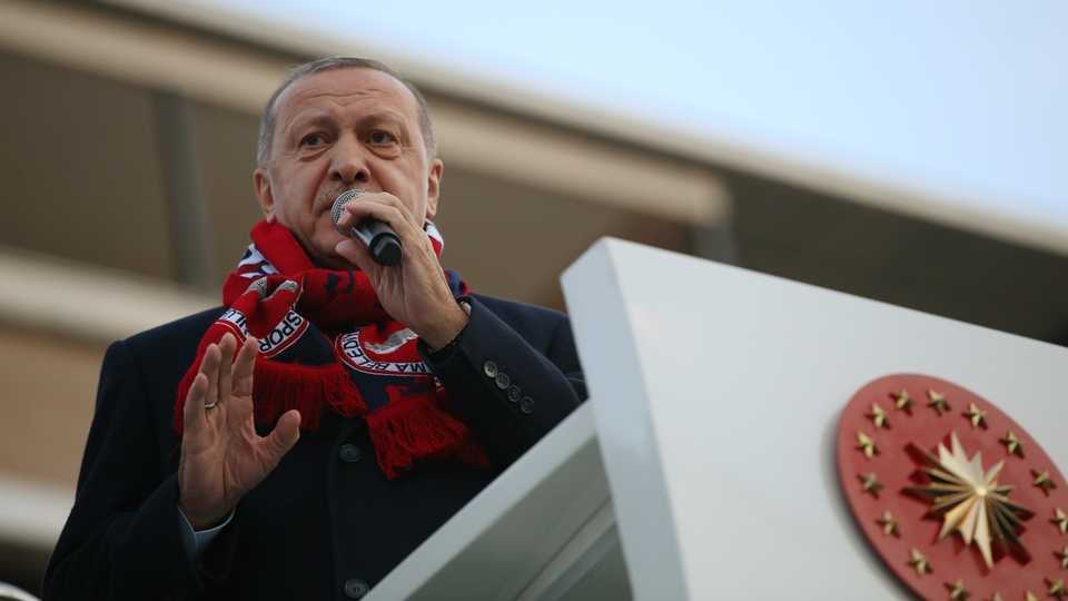Turkish President Recep Tayyip Erdogan addresses citizens at Bergama district of Izmir in Turkey on February 22, 2020.