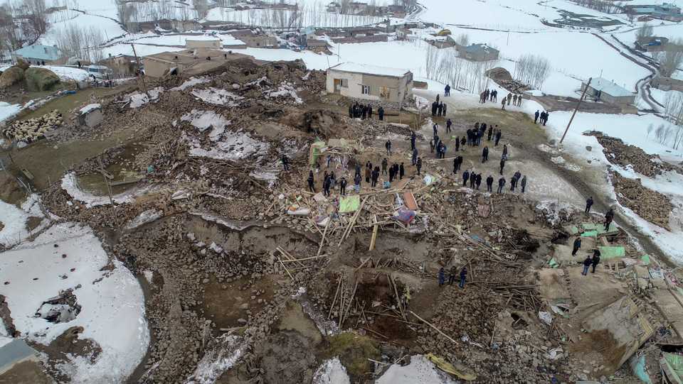 A drone photo shows collapsed buildings after a magnitude-5.9 earthquake struck near the border with Iran, in Ozpinar neighbourhood of Baskale district in eastern Van province of Turkey on February 23, 2020.