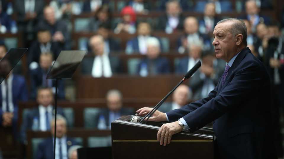 President of Turkey and leader of Justice and Development (AK) Party, Recep Tayyip Erdogan speaks at the Grand National Assembly of Turkey in Ankara, Turkey on February 26, 2020.