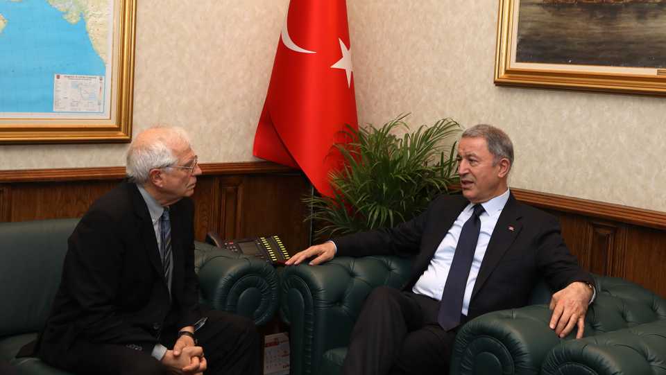 Turkish National Defense Minister Hulusi Akar (R) meets High Representative of the European Union for Foreign Affairs and Security Policy, Josep Borrell (L) in Ankara, Turkey on March 3, 2020.