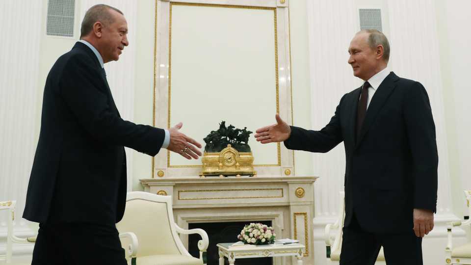 Turkish President Recep Tayyip Erdogan (L) meets Russian President Vladimir Putin (R) in Moscow, Russia on March 5, 2020.