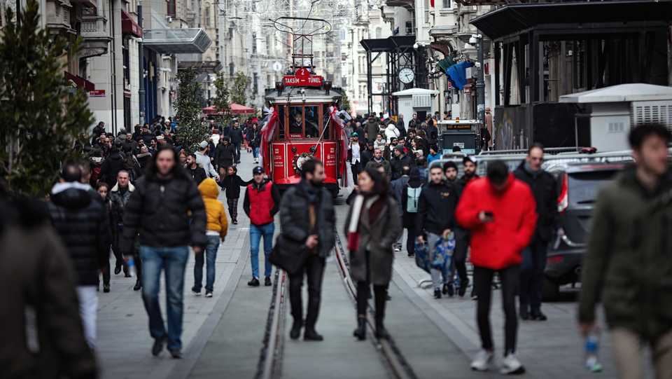 A view from Istiklal Avenue of Beyoglu district on February 11, 2020 in Istanbul, Turkey.