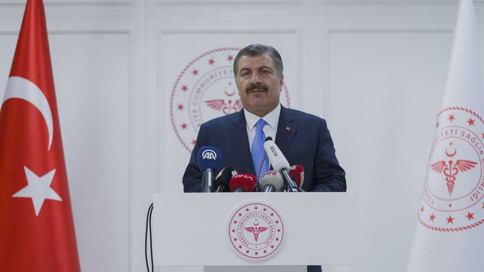 Turkey's Health Minister Fahrettin Koca addresses a press conference in Ankara on Wednesday March 1q, 2020.