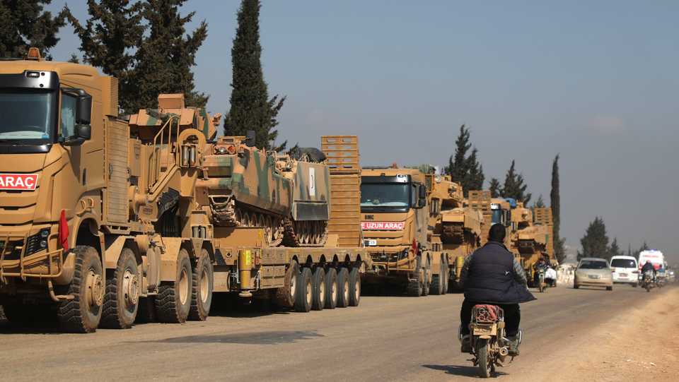 A convoy of Turkish military vehicles is pictured near the town of Hazano in the rebel-held northern countryside of Syria's Idlib province on March 3, 2020.