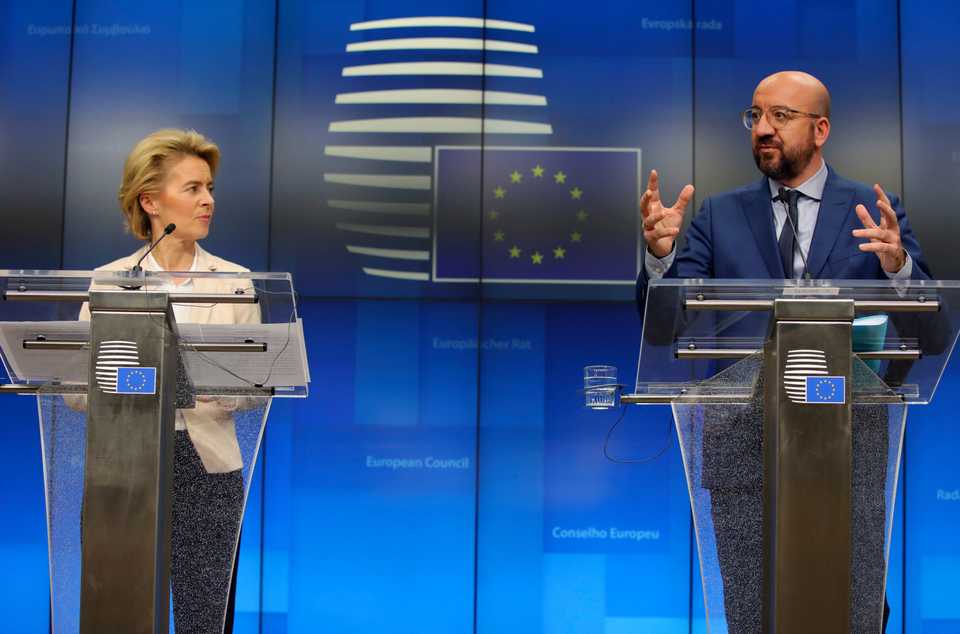 European Council President Charles Michel and European Commission President Ursula von der Leyen participate in a media conference after a meeting with Turkish President Recep Tayyip Erdogan at the European Council building in Brussels, March 9, 2020.