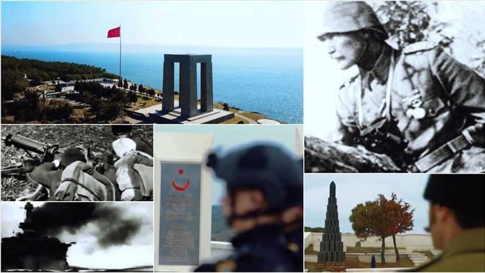 In this collage on the Canakkale victory, the image of Canakkale Martyrs' Memorial, the founder of Turkey, Mustafa Kemal Ataturk and some scenes from the Gallipoli strait and war are seen.