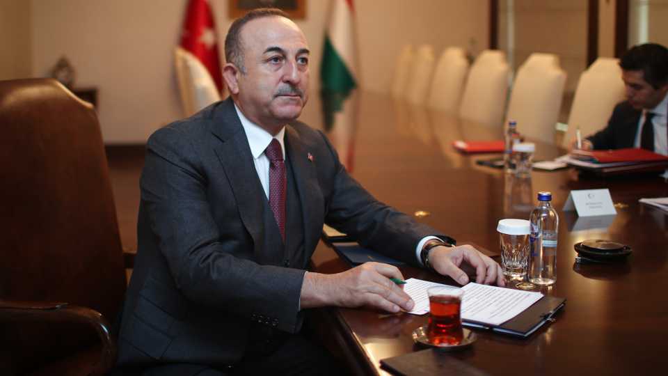 Turkish Foreign Minister Mevlut Cavusoglu, during a video conference with Hungary's foreign minister Peter Szijjarto on March 19.