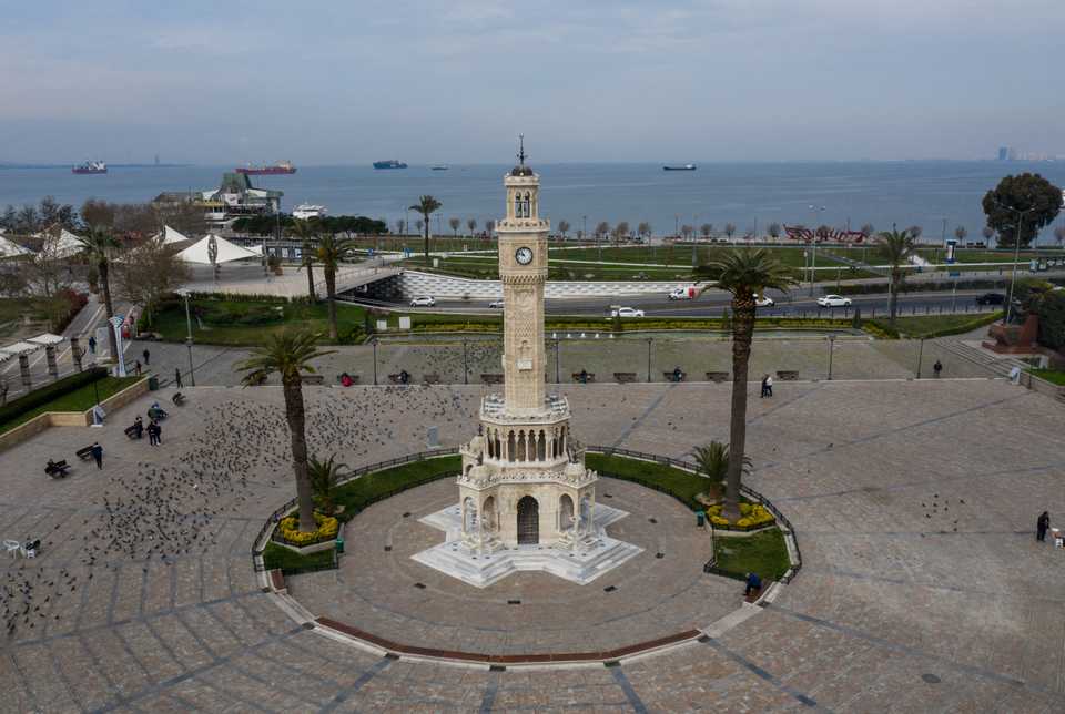 A drone photo shows empty Konak Square after precautions against coronavirus (Covid-19), including call for 