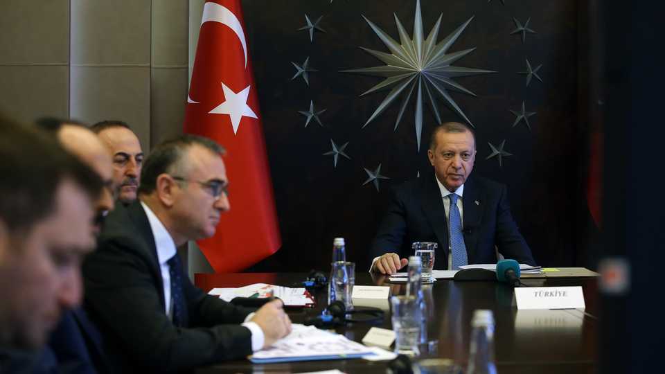 President of Turkey Recep Tayyip Erdogan attends the extraordinary meeting of leaders of the G20 economic bloc focusing on the coronavirus (Covid-19) pandemic via videoconferencing at Huber Palace in Istanbul, Turkey on March 26, 2020.