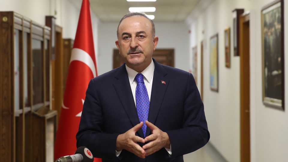 Foreign Minister of Turkey Mevlut Cavusoglu speaks to the media after participating in NATO foreign ministers meeting via teleconference on April 02, 2020 in Ankara, Turkey.