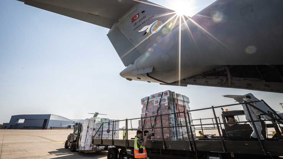 Crucial supplies of personal protective equipment (PPE) for medical staff are delivered from Turkey into a Royal Air Force base for distribution around the country, amid the coronavirus disease (Covid-19) outbreak, in Carterton, Britain, April 10, 2020.