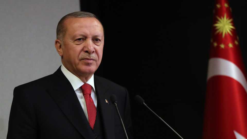 Turkish President Recep Tayyip Erdogan speaks during a press conference after cabinet meeting via videoconferencing in Istanbul, Turkey on April 20, 2020.