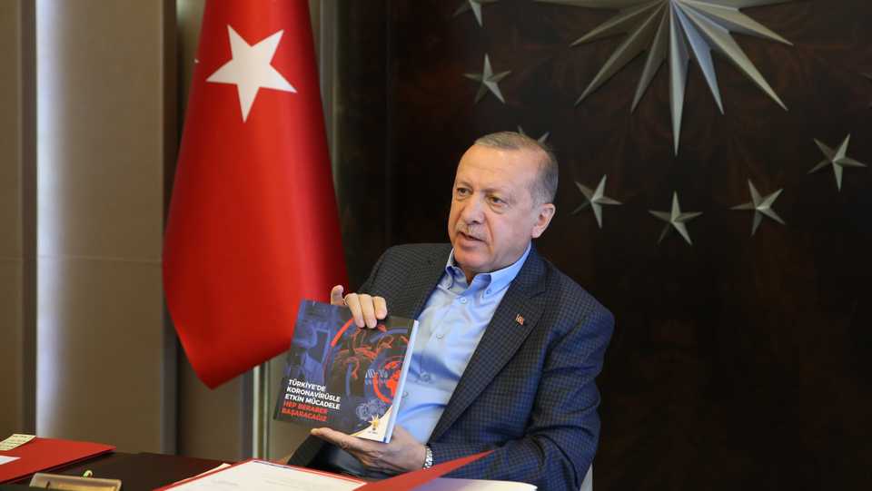 Turkish President Recep Tayyip Erdogan attends AK Party Central Executive Committee meeting on coronavirus (Covid-19) pandemic measures via video conference in Istanbul, Turkey on April 21, 2020.