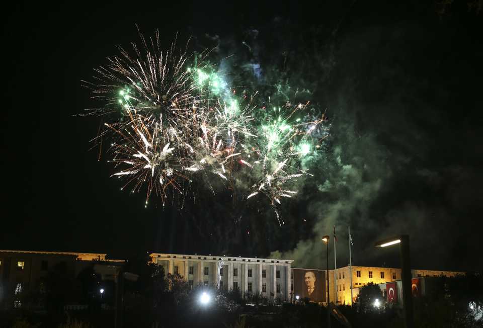 Light, laser and firework shows were performed at the Turkish Grand National Assembly in Stairs of Honor and the National Anthem was read.