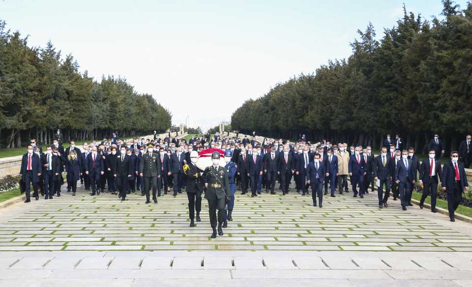 Top officials led by Turkish Parliament Speaker Mustafa Sentop (C) visit Anitkabir, the mausoleum of Mustafa Kemal Ataturk, the founder of the Turkish Republic, on the National Sovereignty and Children's Day in Ankara, Turkey on April 23, 2020.