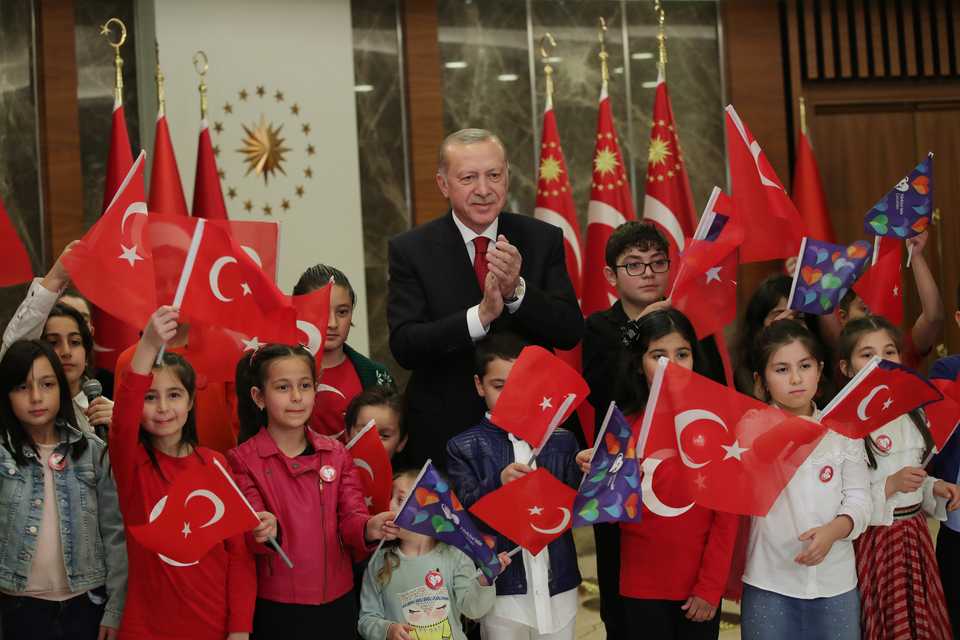 Turkish President Recep Tayyip Erdogan addresses to the nation, as part of the April 23 National Sovereignty and Children's Day and the 100th anniversary of the foundation of the Turkish parliament, on April 23, 2020 in Istanbul, Turkey.