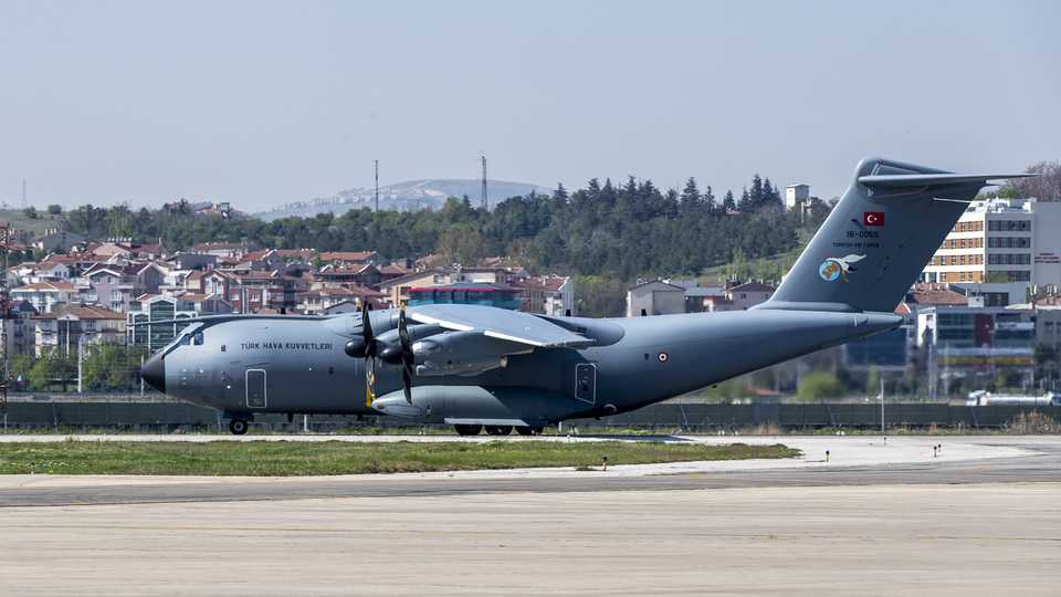 Turkish military cargo plane carrying medical equipment for the US departs from Ankara on April 28, 2020.