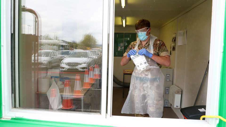 A soldier from 2 Scots Royal Regiment of Scotland is pictured at a Covid-19 testing centre amid the coronavirus disease outbreak, at Glasgow Airport, in Glasgow, Scotland, April 29, 2020.