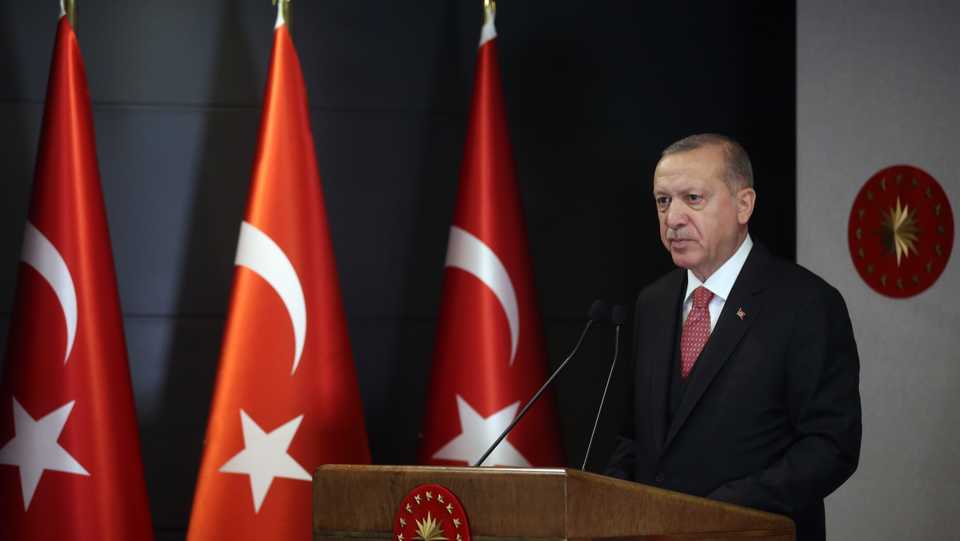 Turkish President Recep Tayyip Erdogan speaks during a press conference after cabinet meeting in Istanbul, Turkey on May 4, 2020.